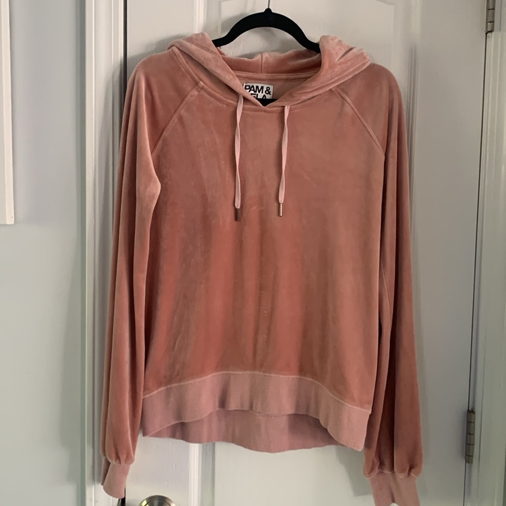 PAM & GELA velvet hoodie size S pink soft cozy casual